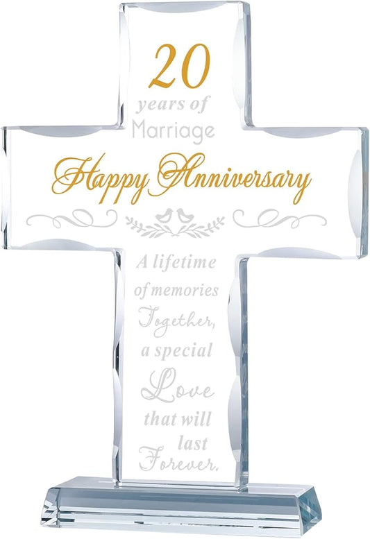 YWHL 20th Anniversary Religious Gifts for Couple, Laser Engraved Glass Standing Cross Keepsake for Him, 20 Years Wedding Anniversary Cross Gifts for Her