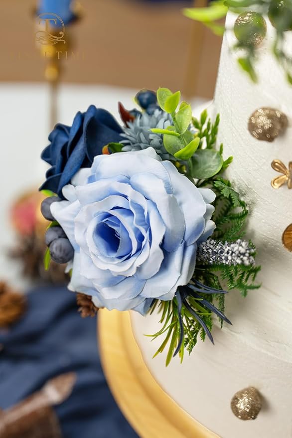TINGE TIME 3Pcs Wedding Cake Topper Pre-made Set, Navy Blue Artificial Wedding Cake Flower for Reception & Anniversary, Silk Floral Wedding Toppers for Cake, Valentines Cake Topper Decorations