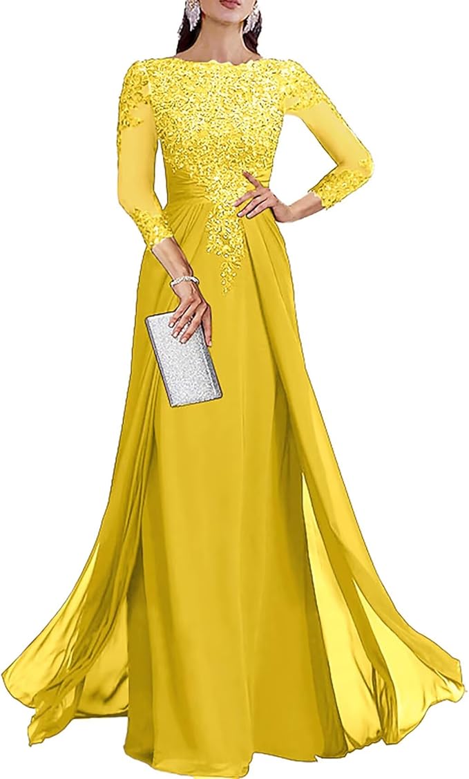 Long Sleeve Mother of The Bride Dresses for Wedding Lace Appliques Chiffon Formal Dress He6052