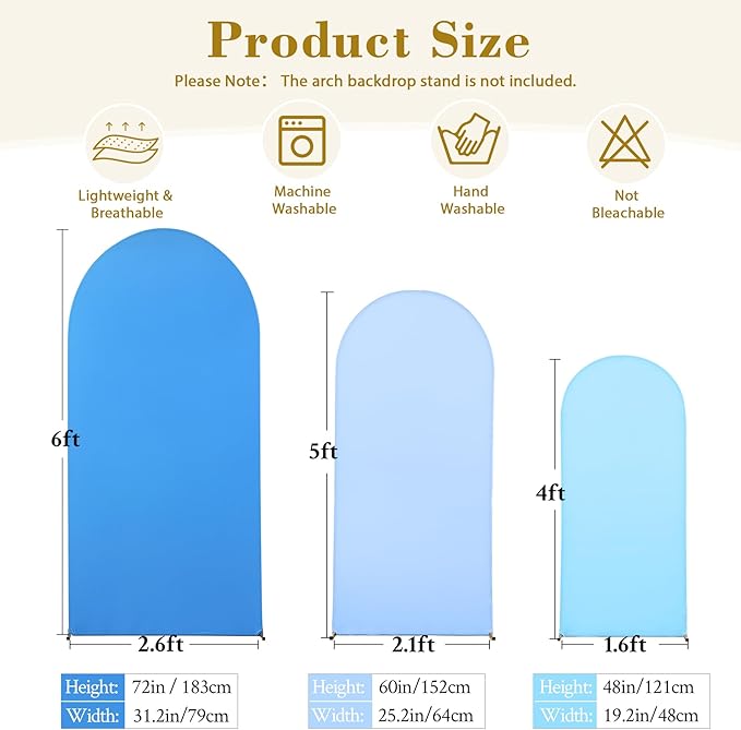 Blue Arch Backdrop Cover 3 Set-4FT, 5FT, 6FT Spandex Fitted Wedding Arch Stand Covers for Baby Shower Boys Birthday Party Wedding Ceremony Banquet Photo Arch Stand Background Decorations