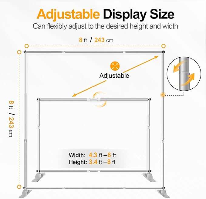 EMART 8x8 ft Heavy Duty Banner Backdrop Stand Kit, Adjustable Frame for Step and Repeat Backdrops, Ideal for Photography, Trade Shows, and Photo Booths, Sliver