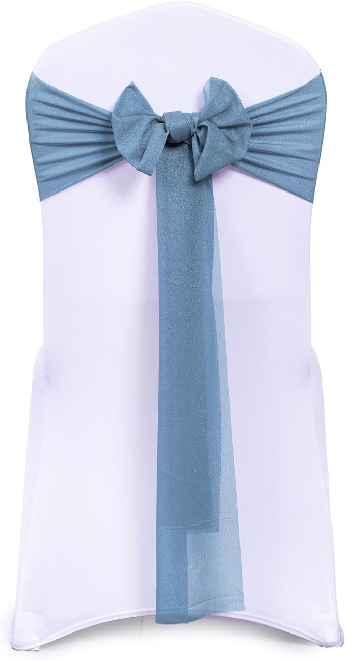 VDS Pack of 250, Dusty Blue, Sheer Chiffon Chair Sashes Bows Chair Cover Back Tie Ribbon for Wedding Birthday Baby Shower Engagement Ceremony Event Party Banquet Restaurant Dining Chair Decoration