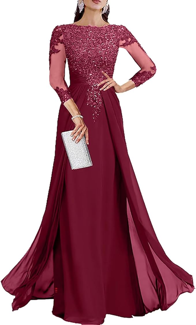 Long Sleeve Mother of The Bride Dresses for Wedding Lace Appliques Chiffon Formal Dress He6052
