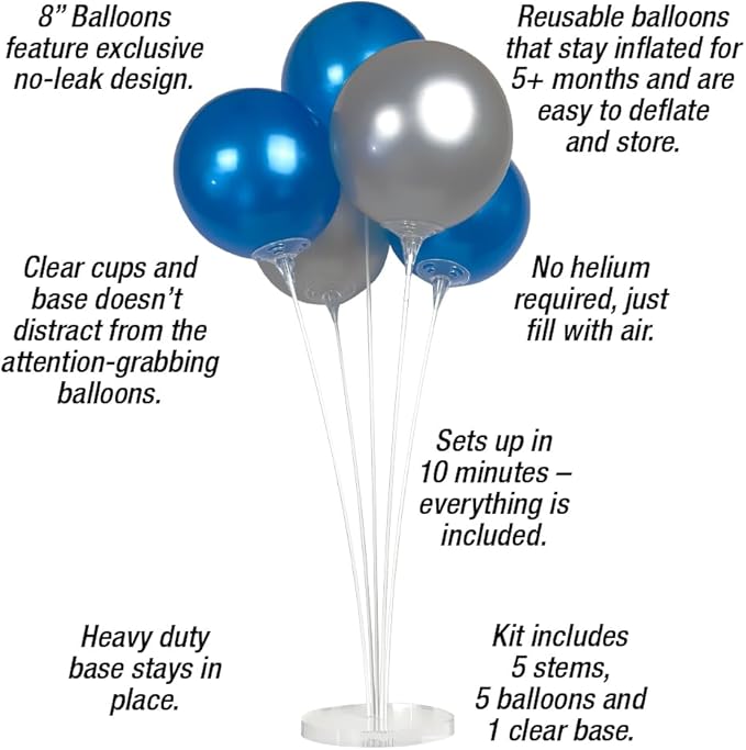 Reusable Balloon Tabletop Kit - Helium-Free Vinyl Bouquets - Lasting Inflation - Includes 5 Balloons, Stems & Acrylic Base, for Business, Schools & Events (Blue and Silver)
