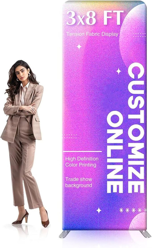3x8 FT Custom Tension Fabric Backdrop Banner Stand, HD Banner Printing Online Design Tension Fabric Display Stand, Large Portable Trade Show Display Booth for Business, Corporate, Wedding, Mall