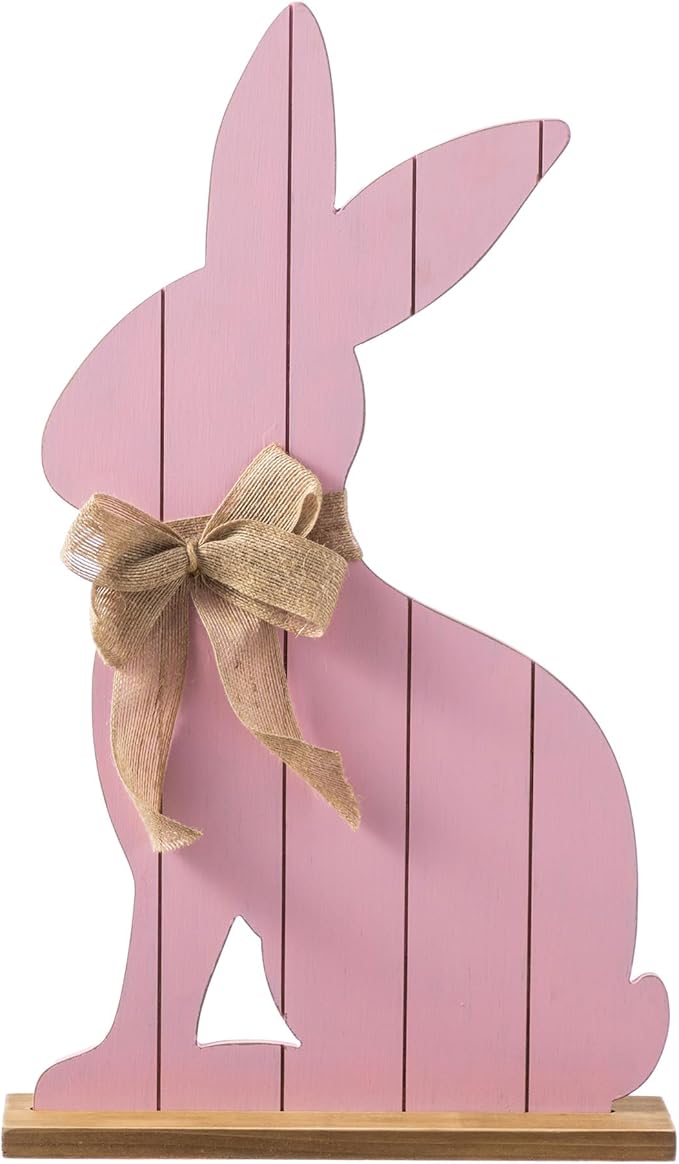 Glitzhome 24"H Easter Wooden Pink Bunny Porch Decor,Standing Porch Sign Decoration for Front Door Outdoor Spring Rustic Yard Party Garden Decor