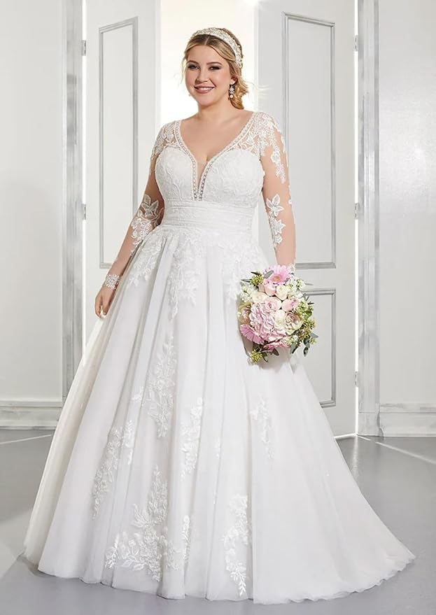 Plus Size Wedding Dresses for Bride Long Sleeve Wedding Bridal Gowns with Lace Appliques Off Shoulder Bride Dress