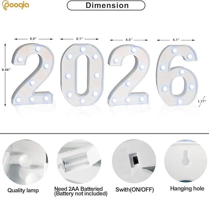 Pooqla Light Up Numbers 2026, Giant Marquee Numbers for New Year Decorations, 2026 Graduation Decorations for High School Seniors College Class of 2026 Party Classroom Decoration, Cool White