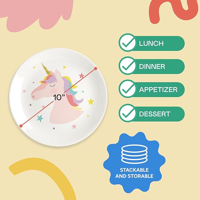 Tiny Expressions Unicorn Plates – 10" Set of 4 Reusable Melamine Party Plates with Rainbows, Stars & Whimsical Unicorns – Ideal for Everyday Use, Table Decor, Gifts, Birthdays & Party Favors