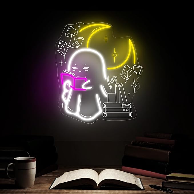 Ghost Reading Book Neon Sign Boo Reading Books Bedroom LED Lights Wall Decoration Neon Sign Decoration, Gift for Bookworm, 14.8"x13", Pink