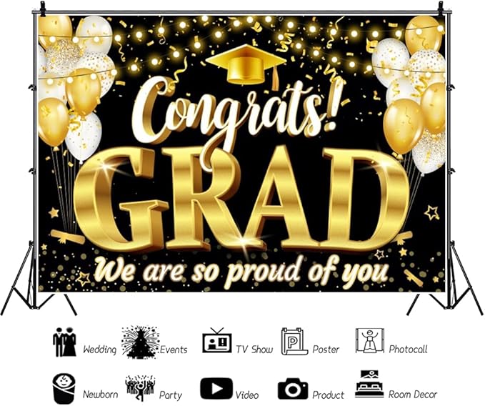 Black Gold Graduation Backdrop 2025 Grad Congrats Banner for Graduation Party Decoration Class of 2025 Commencement Decoration Prom Party Supplies Decorations Banner Photo Booth Props 10x8ft