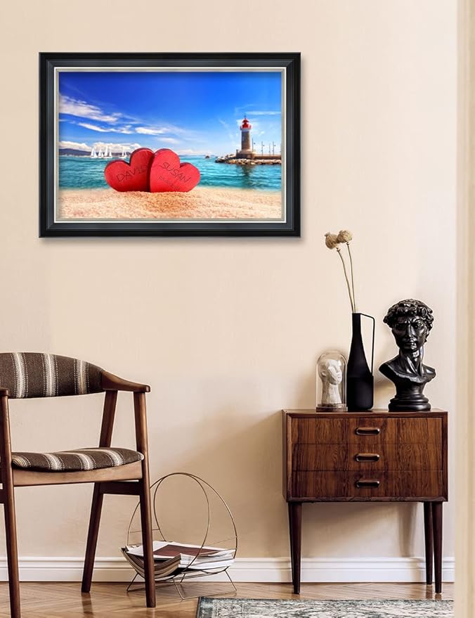 IPIC - Beach Lovers, Personalized Framed Wall Art with Names and Date on, Giclee Prints with Solid Wood, Custom Gifts for Wedding Anniversary. Total Framed Size: 27.25" W x 19.25" H