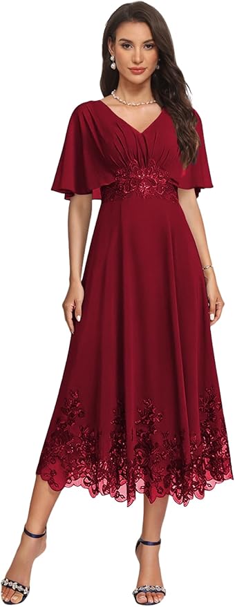 Tea Length Mother of The Bride Dress with Sleeves Laces Formal Evening Gowns for Wedding V Neck Wedding Guest Gown ZMX37
