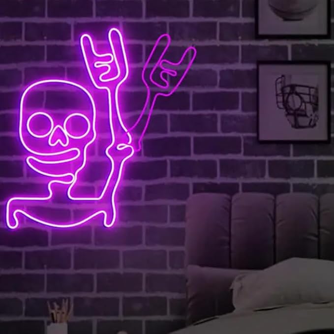 Skeleton Waving Hand Neon Sign, Halloween Skull Door Window Decorations, Funny Skull Waving Light Halloween Party Night Decor Size:W17 x H18in