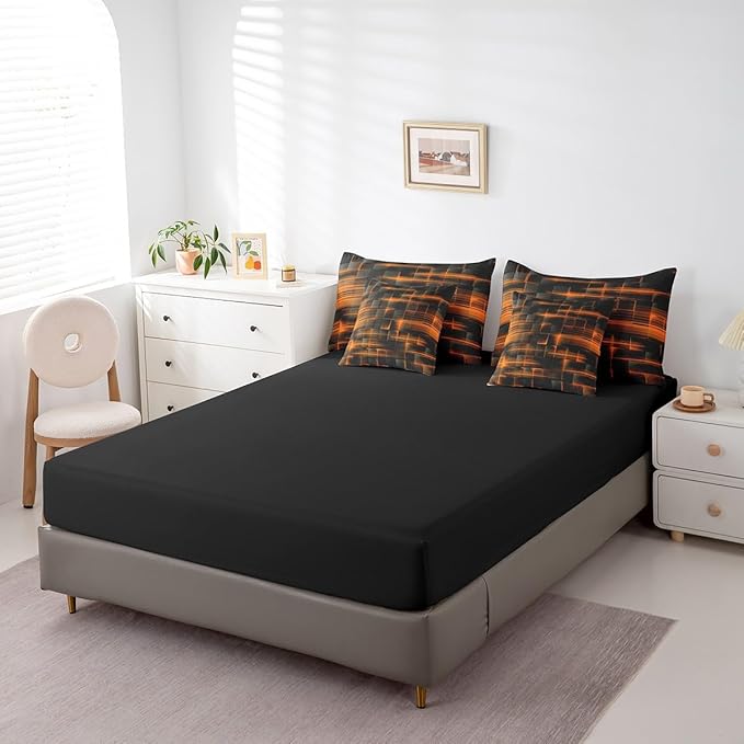 Feelyou Orange Black Bedding Set Full Size Boys Girls Geometric Strip Lines Comforter Set with Sheets 7 Piece for Bed in a Bag Abstract Modern Bed Set with Comforter,Sheets,Pillowcases