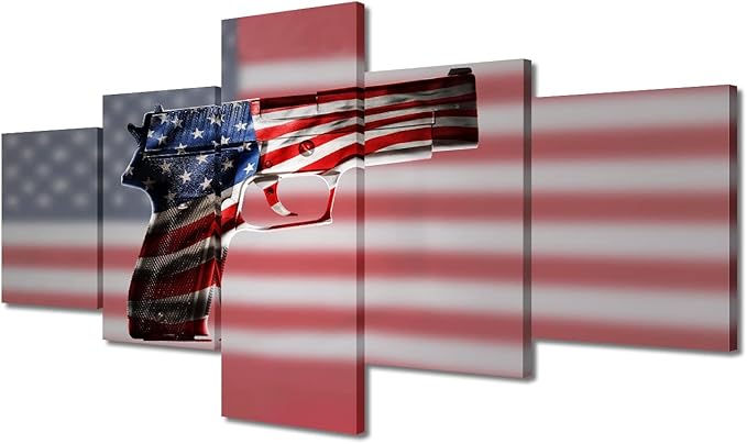 Wall Art American Flag Gun Canvas Painting Blue and Red Line Modern Home Decor 5 Panels Wall Art Picture for Living Room Wall Decorations Print Decor Living Room Framed Ready to Hang 50"Wx24"H