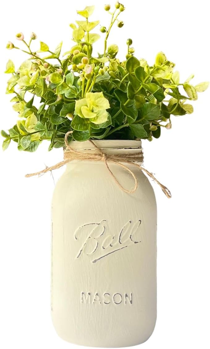 Centerpieces for Bridal Shower - Ivory Mason Jars Centerpieces for Tables, Set of 5-32 oz Hand-Painted Mason Jars for Wedding Centerpieces - Rustic Bridal Shower Centerpieces (5 Ivory w/Greenery)