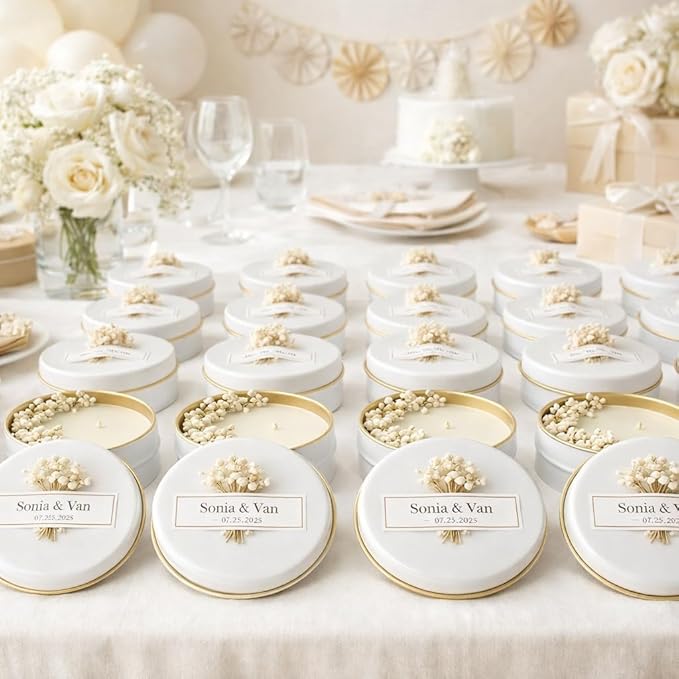 Personalized Scented Soy Wax Candle Favors with Dried Flowers, White Tin Guest Gifts for Weddings, Bridal & Baby Showers, Bulk Sets (10–200 Count)