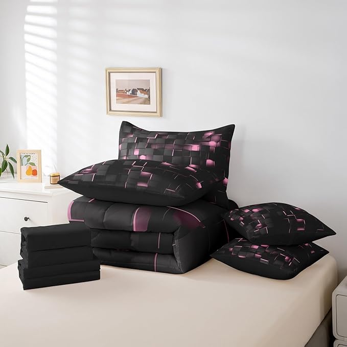 Feelyou Pink and Black Bedding Set Twin Size Kids Light Geometric Comforter Set with Sheets 7 Piece Bed in a Bag forModern Bed Set with Comforter,Sheets,Pillowcases,Cushion Covers