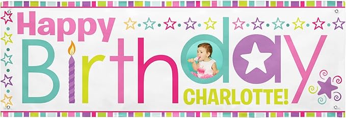 Let's Make Memories Personalized Birthday Banner - Kids Party Decorations - Custom Happy Birthday Banner - Indoor/Outdoor Vinyl - Any Text and Photo - Pink Multi - 8ft
