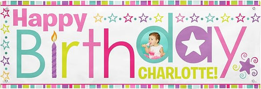 Let's Make Memories Personalized Birthday Banner - Kids Party Decorations - Custom Happy Birthday Banner - Indoor/Outdoor Vinyl - Any Text and Photo - Pink Multi - 8ft