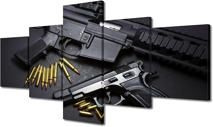 TISHIRON Living Room Wall Decor Artwork for Walls Guns with Ammunition Paintings Military Handgun Pictures Canvas 5 Piece Modern Home Decor Artwork Posters and Prints Framed Ready to Hang 50" Wx24 H