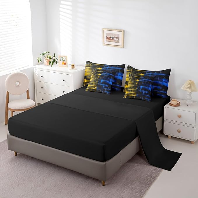 Feelyou Blue and Yellow Comforter Set with Sheets 7 Piece King Size Kids Geometric Bed in a Bag Strip Lines Bedding Set Abstract Art Bed Set with Comforter, Sheets,Pillowcases,Cushion Covers