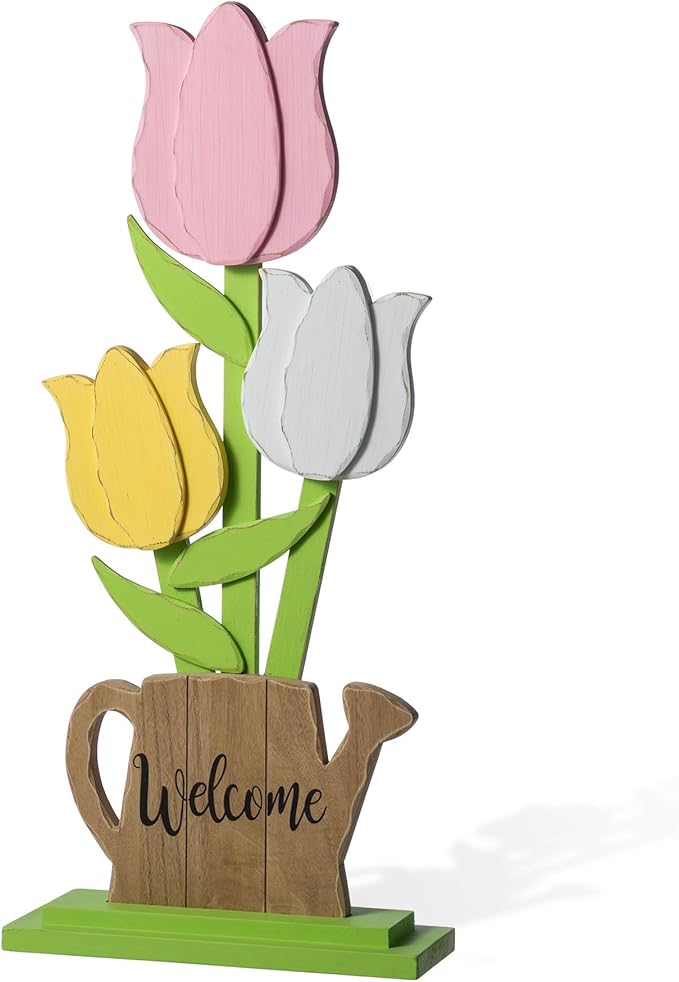 Glitzhome 30"H Easter Wooden Tulip Porch Decor,Standing Decorative Signs for Front Porch Farmhouse Outdoor Spring Easter Party Decor