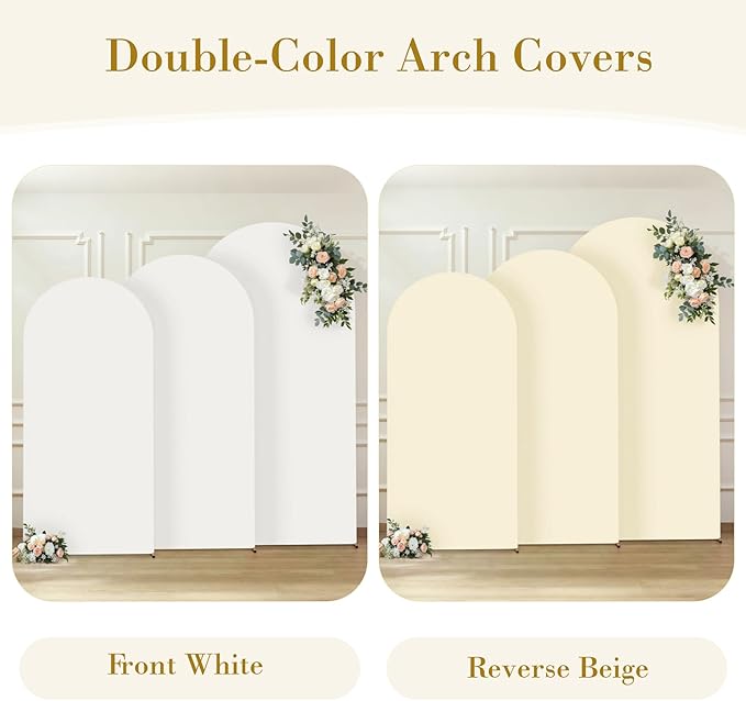 White and Beige Arch Cover 3 Set-8FT, 7.2FT, 6.6FT Arch Backdrop Cover Spandex Fitted 2- Color Fabric Stand Covers for Bridal Shower Baby Shower Birthday Party Wedding Photo Background Decorations