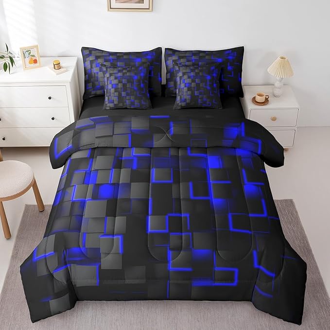 Feelyou Blue and Black Bedding Set Twin Size Light Geometric Comforter Set with Sheets 7 Piece for Kids Boys Decor Bed in a Bag Modern Style Bed Set