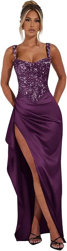 Basgute Sparkly Sequin Prom Dresses for Women 2026 Mermaid Corset Long Slit Ball Gown Formal Evening Party Dress