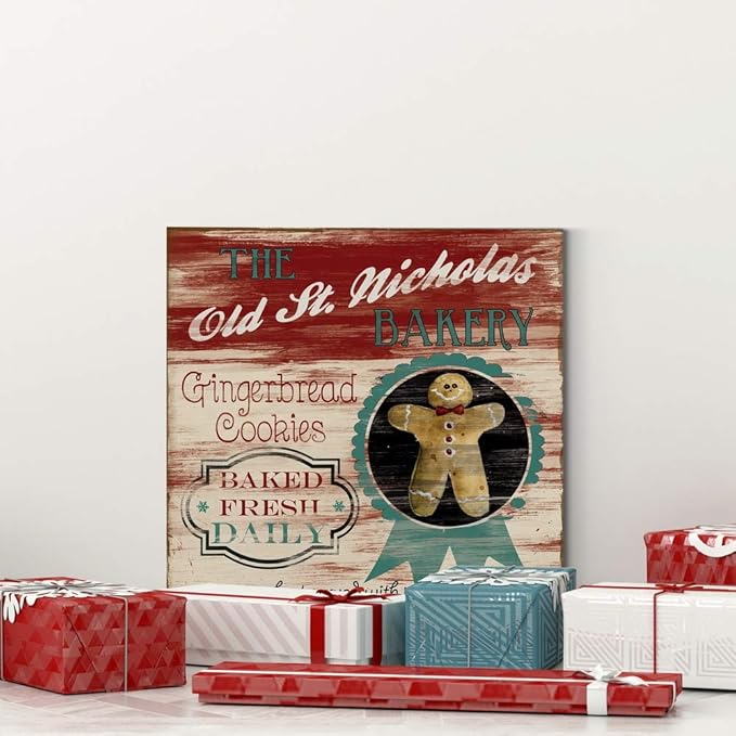 Renditions Gallery Old St. Nicholas Bakery Wall Art, Cute Christmas & Winter Decor, Vintage Faux Wood Look, Festive, Premium Gallery Wrapped Canvas, Ready to Hang, 40 in H x 40 in W, Made in America