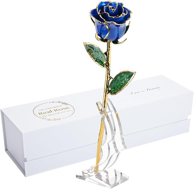 24K Gold Rose, Dipped Rose is Attractive Luster and Natural Shape, Best Gifts for Anniversary Wedding Valentines Day (Blue Original Rose with Stand)