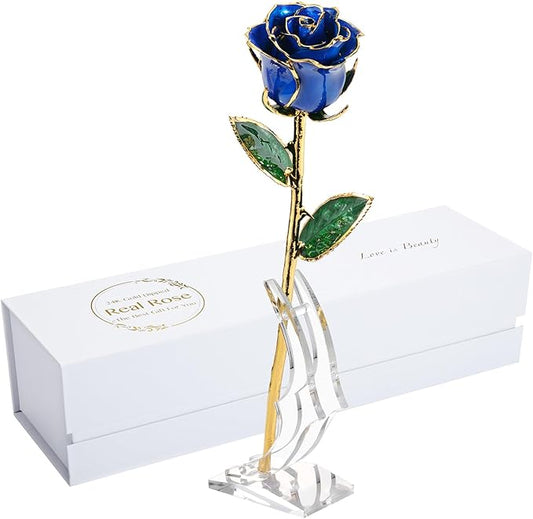 24K Gold Rose, Dipped Rose is Attractive Luster and Natural Shape, Best Gifts for Anniversary Wedding Valentines Day (Blue Original Rose with Stand)