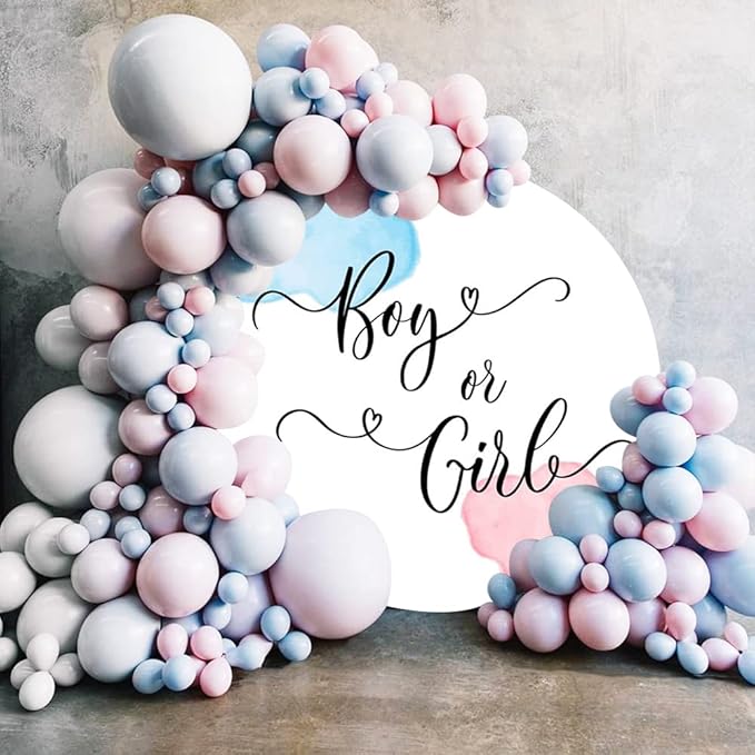 Laeacco 7.2x7.2ft Boy or Girl Gender Reveal Round Backdrop Pink Blue Watercolor Pattern Newborn Baby Shower Arch Photography Background He or She Neutral Reveal Party Cake Table Decor Photo Booth Prop
