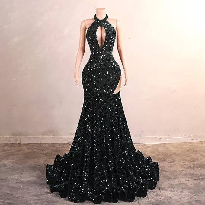 Sexy High Neck Mermaid Evening Long Dress Sequins Sleeveless Celebrity Pageant Dress Cocktail Party Gowns