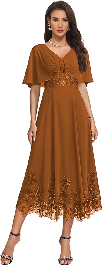 Tea Length Mother of The Bride Dress with Sleeves Laces Formal Evening Gowns for Wedding V Neck Wedding Guest Gown ZMX37