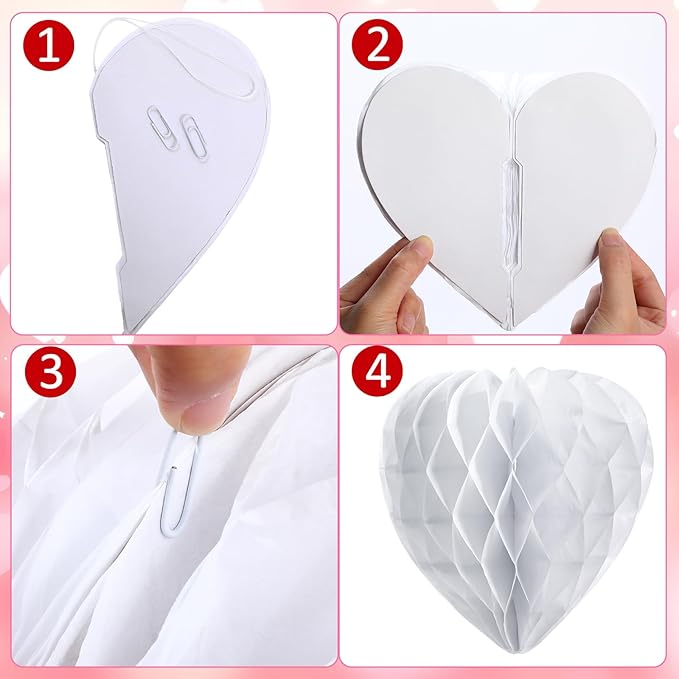 48 Pcs Valentine's Day Paper Heart Shaped Honeycomb Party Decorations Red Pink White Color Blocking Round Heart Tissue Paper Pom Poms for Birthday Wedding Decorations, 5 Size