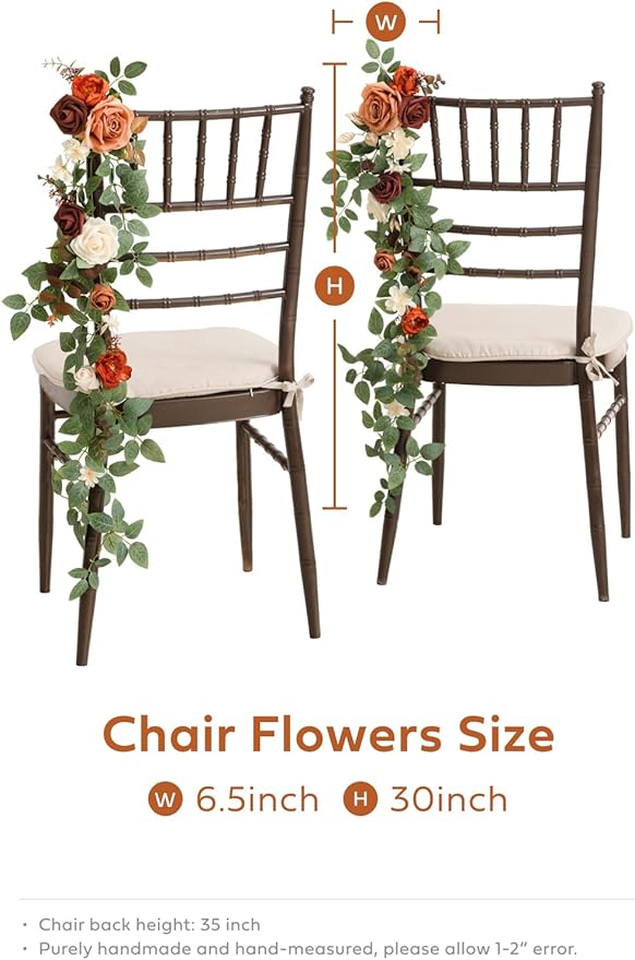 Ling's Moment Fall Wedding 10pcs Chair Decorations Aisle Floral Swag Artificial Pew Flowers Hanging Garlands Orange Terracotta for Ceremony Reception Church Rose Floral Arrangement Party Outdoor Decor