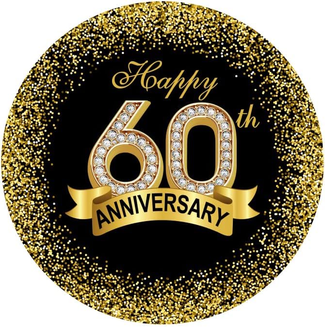 6.5x6.5ft Happy 60th Anniversary Round Backdrop Cover Luxurious Diamond Black Gold Happy 60th Years Circle Backdrop Background Gold Glitter Sequins Dots Ribbon Decor Banquet Dinner Party Props