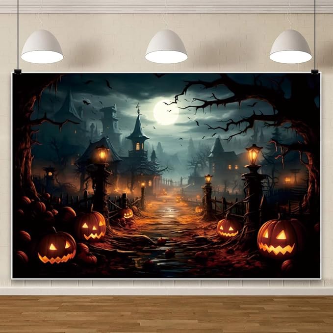 Halloween Backdrop Night Castle Tree Branch Pumpkin Backdrop for Trick or Treat Party Decorations Photography Background Studio Props 10x6.5ft（300x200cm）