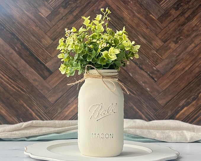 Centerpieces for Bridal Shower - Ivory Mason Jars Centerpieces for Tables, Set of 5-32 oz Hand-Painted Mason Jars for Wedding Centerpieces - Rustic Bridal Shower Centerpieces (5 Ivory w/Greenery)