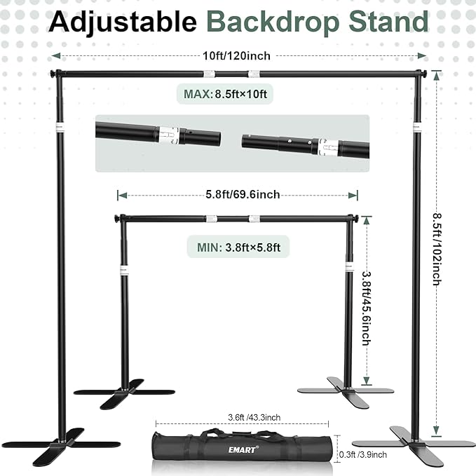EMART Pipe and Drape Backdrop Stand Kit 8.5x10ft, Heavy Duty Back Drop Adjustable Stand with X-Shaped Base, Metal Background Frame for Parties Wedding Birthday Decoration Photography Photo Booth Video