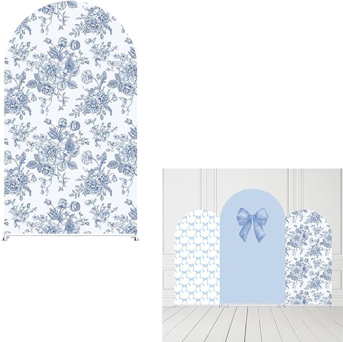 Blue Bows Birthday Party Arch Backdrop Covers Baby in Blooms Floral Baptism Shower Wedding Parties Decorations Top Round Arch Stand Spandex Cover (4099,7.2x4ft)