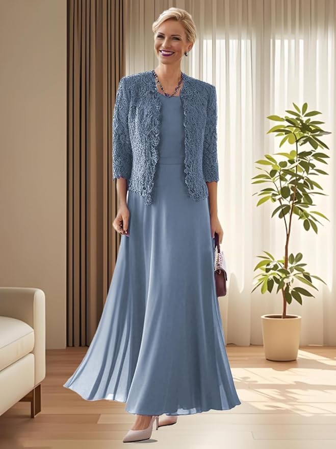 2 Pieces Mother of The Bride Dresses for Women Laces Mother of The Groom Dress 3/4 Sleeve Chiffon Formal Evening Dresses