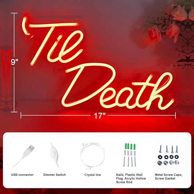 JXIN Til Death Neon Sign for Wall Decor, Til Death LED Neon Light Signs for Wedding Engagement Birthday Anniversary Proposal Party Bedroom Office, Wedding Gifts for Loved Ones, 16"x9" Red