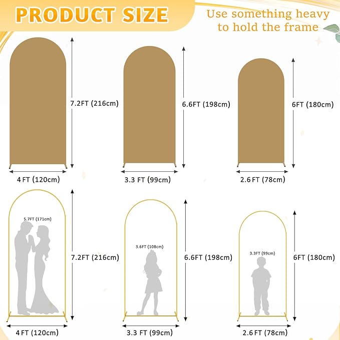 Metal Arch Backdrop Stand and Cover Set 6&6.6&7.2ft Gold Wedding Arch Frame Set of 3 Khaki Arched Cover Arches Backdrop Stand for Parties Birthday Baby Shower Reception