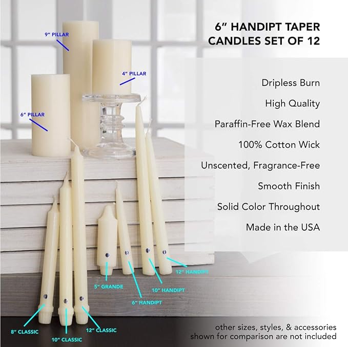 Colonial Candle Unscented Taper Candle, Handipt Collection, Ivory, 6 in, Pack of 12 - Up to 4 Hours Burn