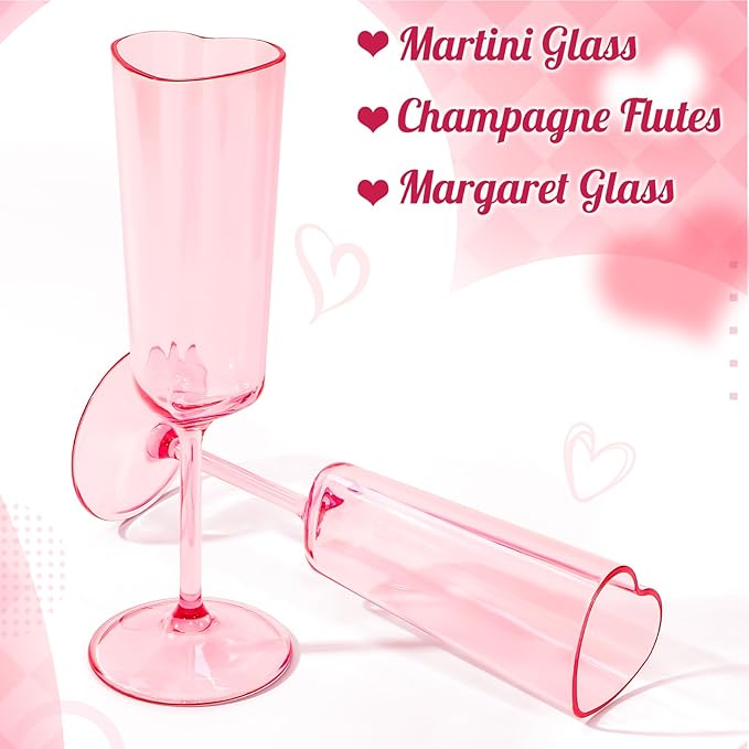 10 Pcs Galentines Day Party Supply Pink Champagne Flutes 6 oz Valentines Day Heart Shaped Champagne Flutes Acrylic Wine Cups for Valentines Galentines Bachelorette Wedding Bridal Shower