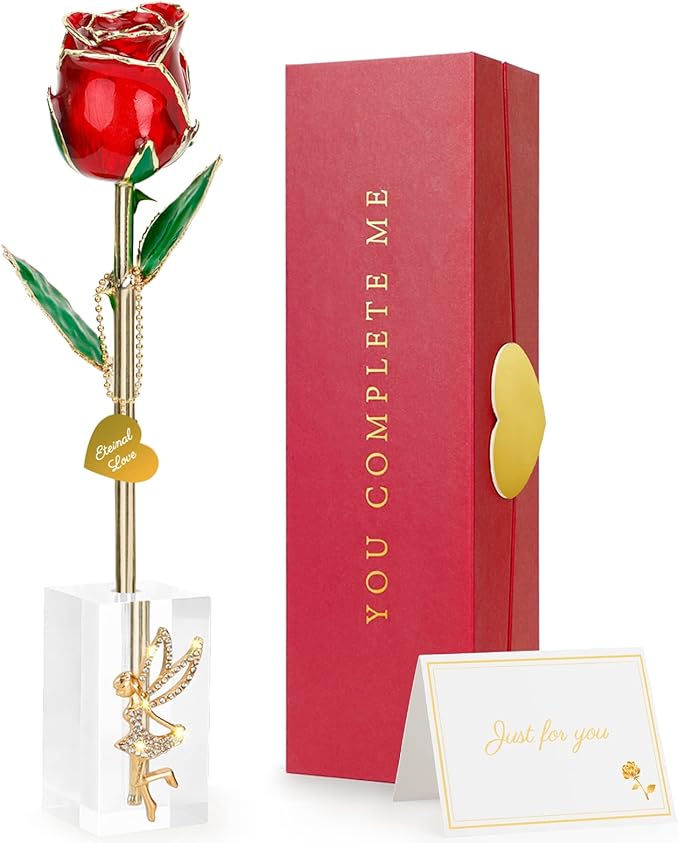 Valentine Gift Real Rose Dipped 24K Gold ，Best Valentines Rose Gift for Her Wife Mother Women，Forever 24k Rose with Crystal Stand-Red